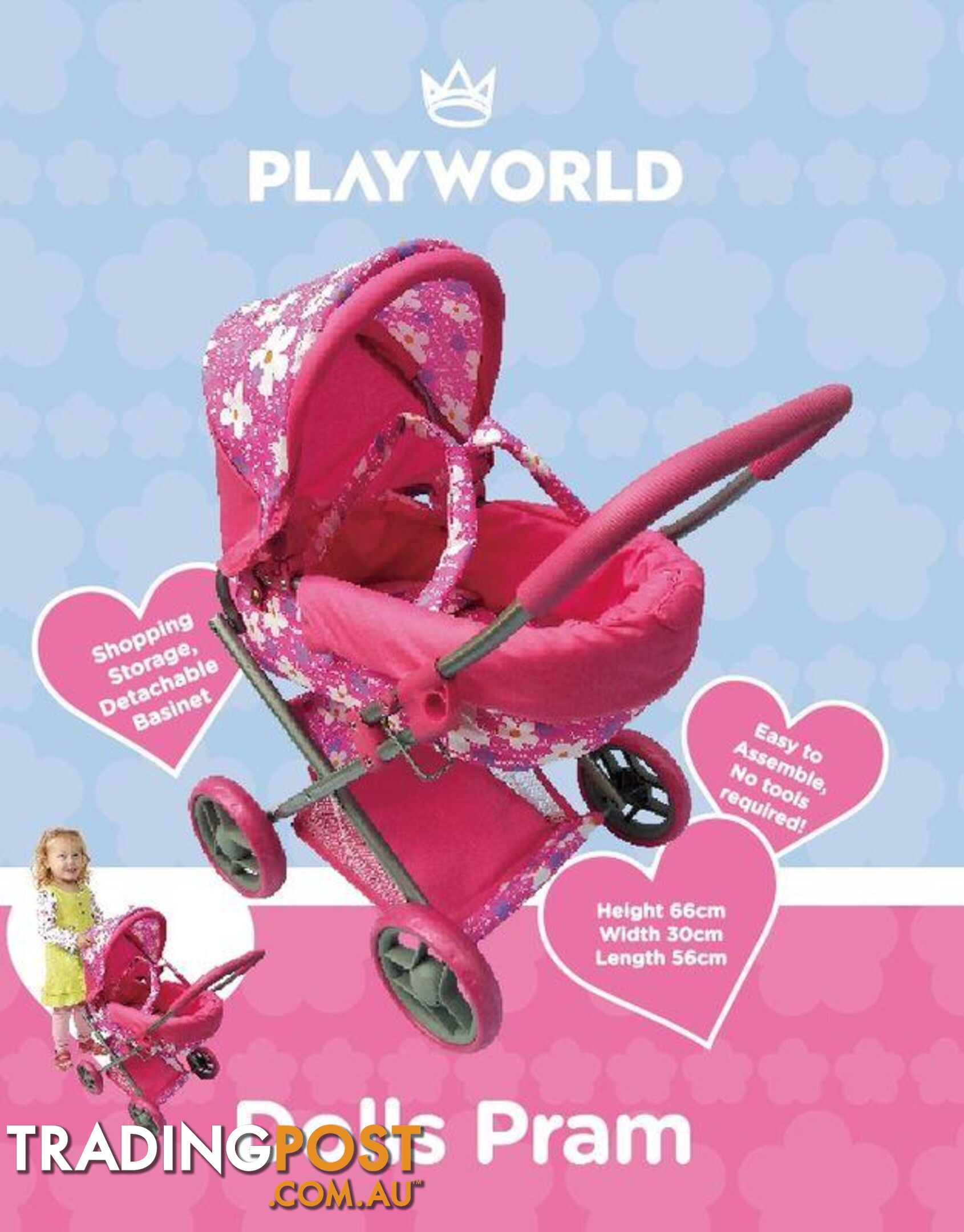 Playworld - Doll Toy Pram Medium Pink Art64743 - 9329011709704