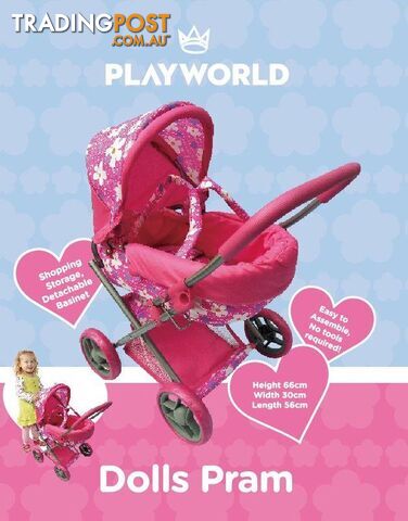 Playworld - Doll Toy Pram Medium Pink Art64743 - 9329011709704