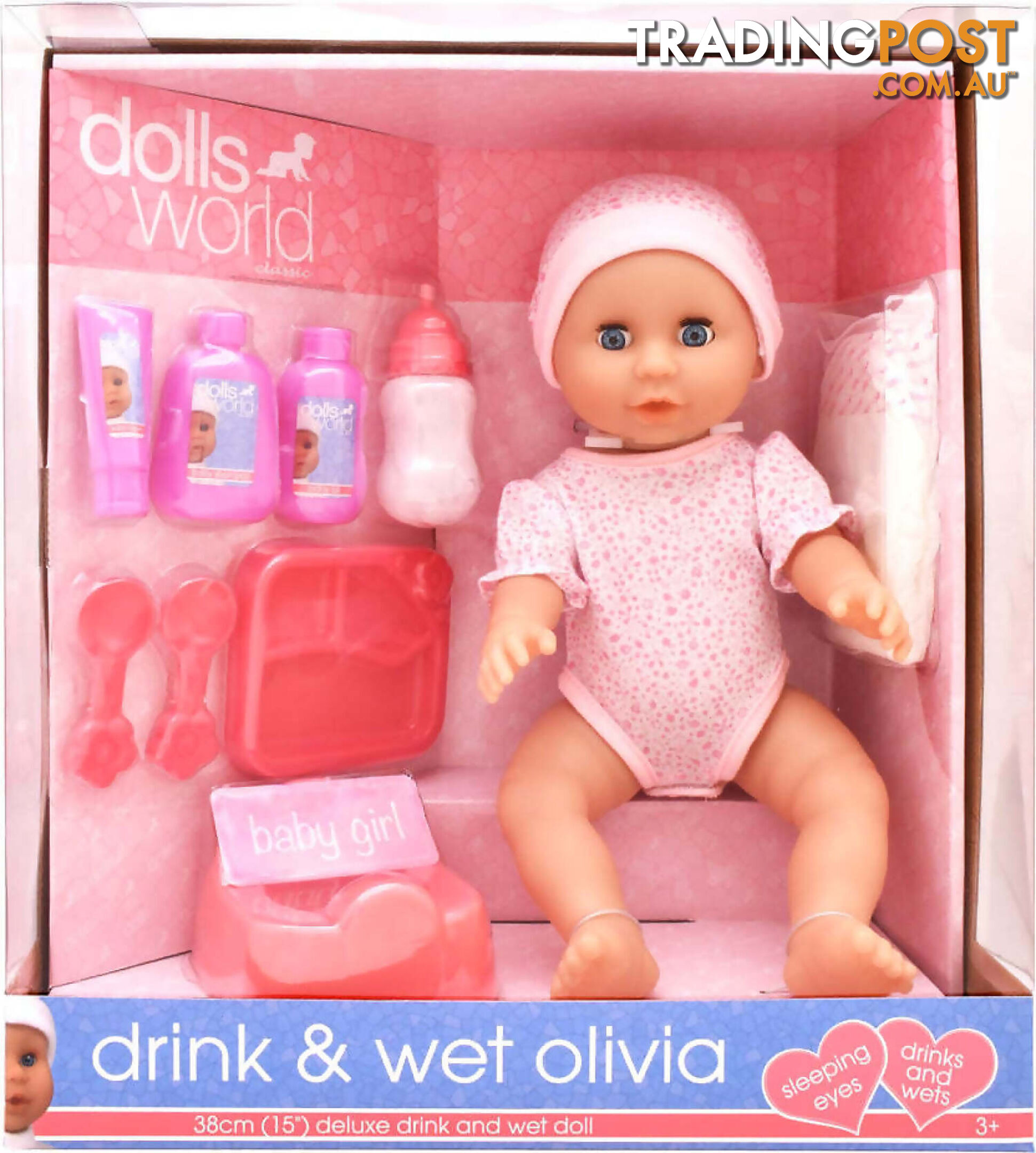 Dollsworld - Drink & Wet Olivia 38cm Deluxe Drink And Wet Doll - Art66184 - 5018621605820