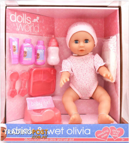 Dollsworld - Drink & Wet Olivia 38cm Deluxe Drink And Wet Doll - Art66184 - 5018621605820
