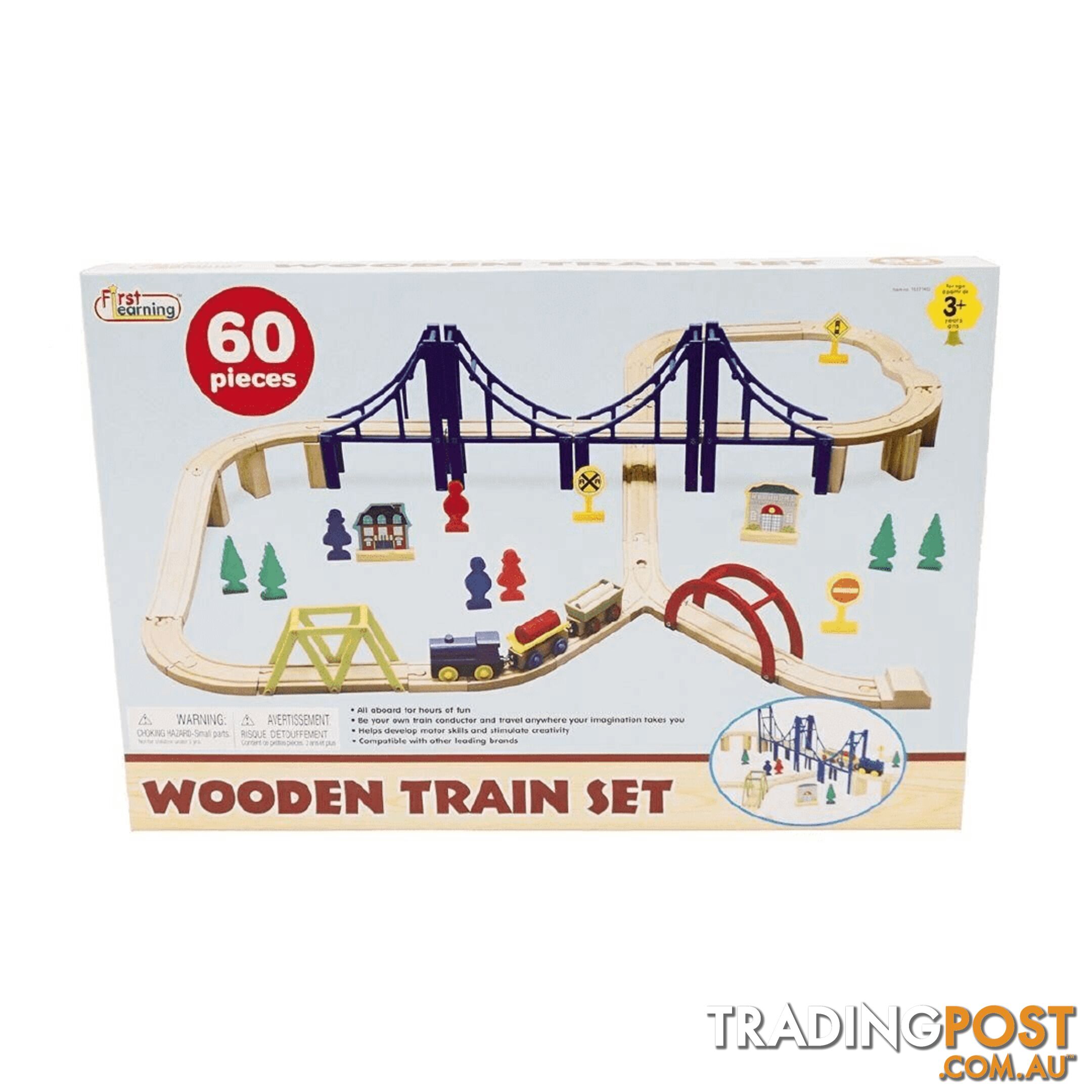 Wooden Train Set With Bridge 60 Pieces Art55626 - 834162000093