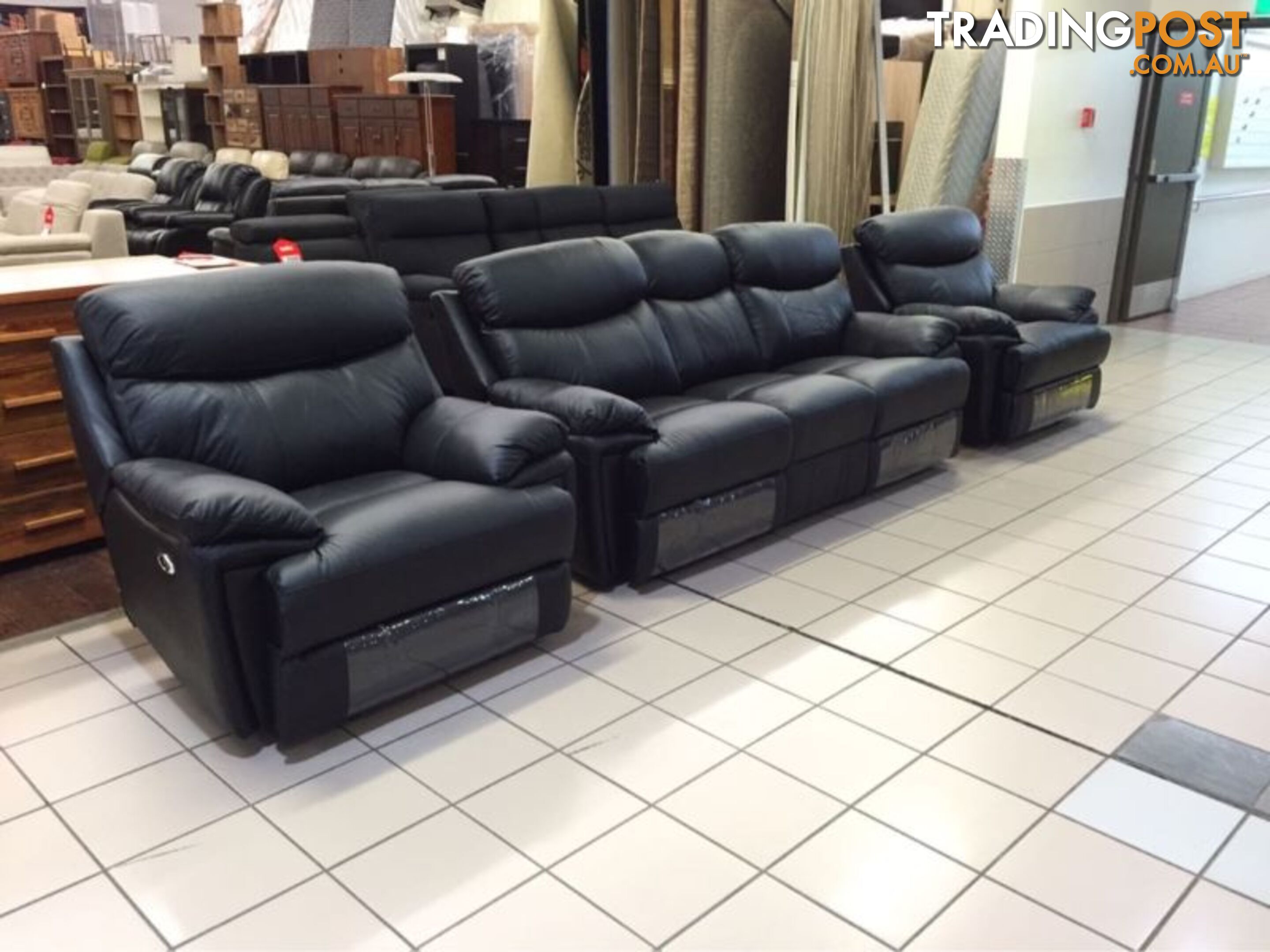 CLEARANCE GENUINE LEATHER 3 SEATER + 2 SINGLE RECLINERS (BLACK)