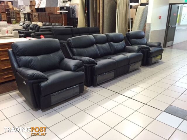 CLEARANCE GENUINE LEATHER 3 SEATER + 2 SINGLE RECLINERS (BLACK)