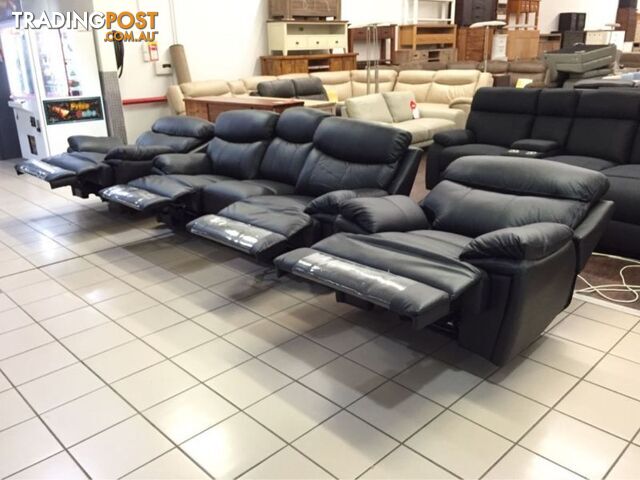 CLEARANCE GENUINE LEATHER 3 SEATER + 2 SINGLE RECLINERS (BLACK)