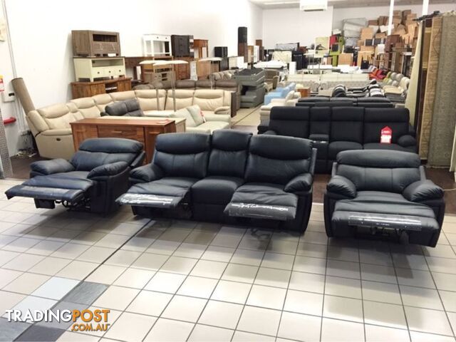 CLEARANCE GENUINE LEATHER 3 SEATER + 2 SINGLE RECLINERS (BLACK)