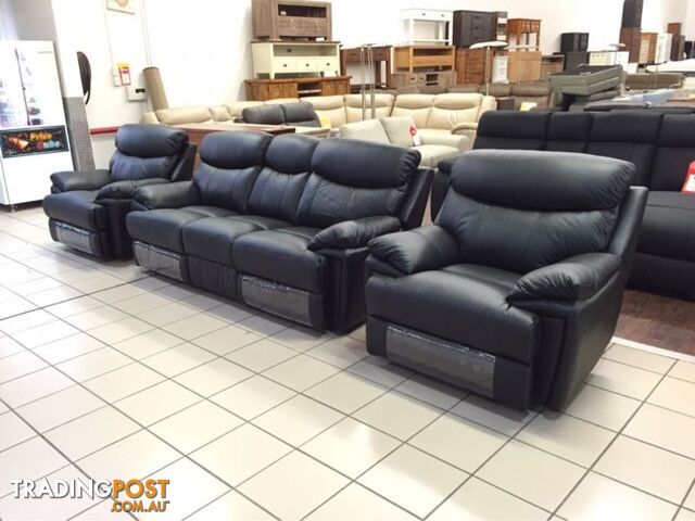 CLEARANCE GENUINE LEATHER 3 SEATER + 2 SINGLE RECLINERS (BLACK)