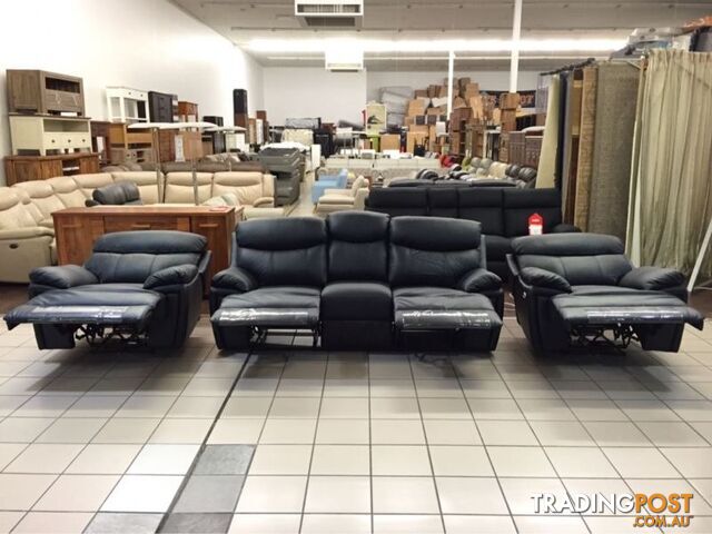 CLEARANCE GENUINE LEATHER 3 SEATER + 2 SINGLE RECLINERS (BLACK)