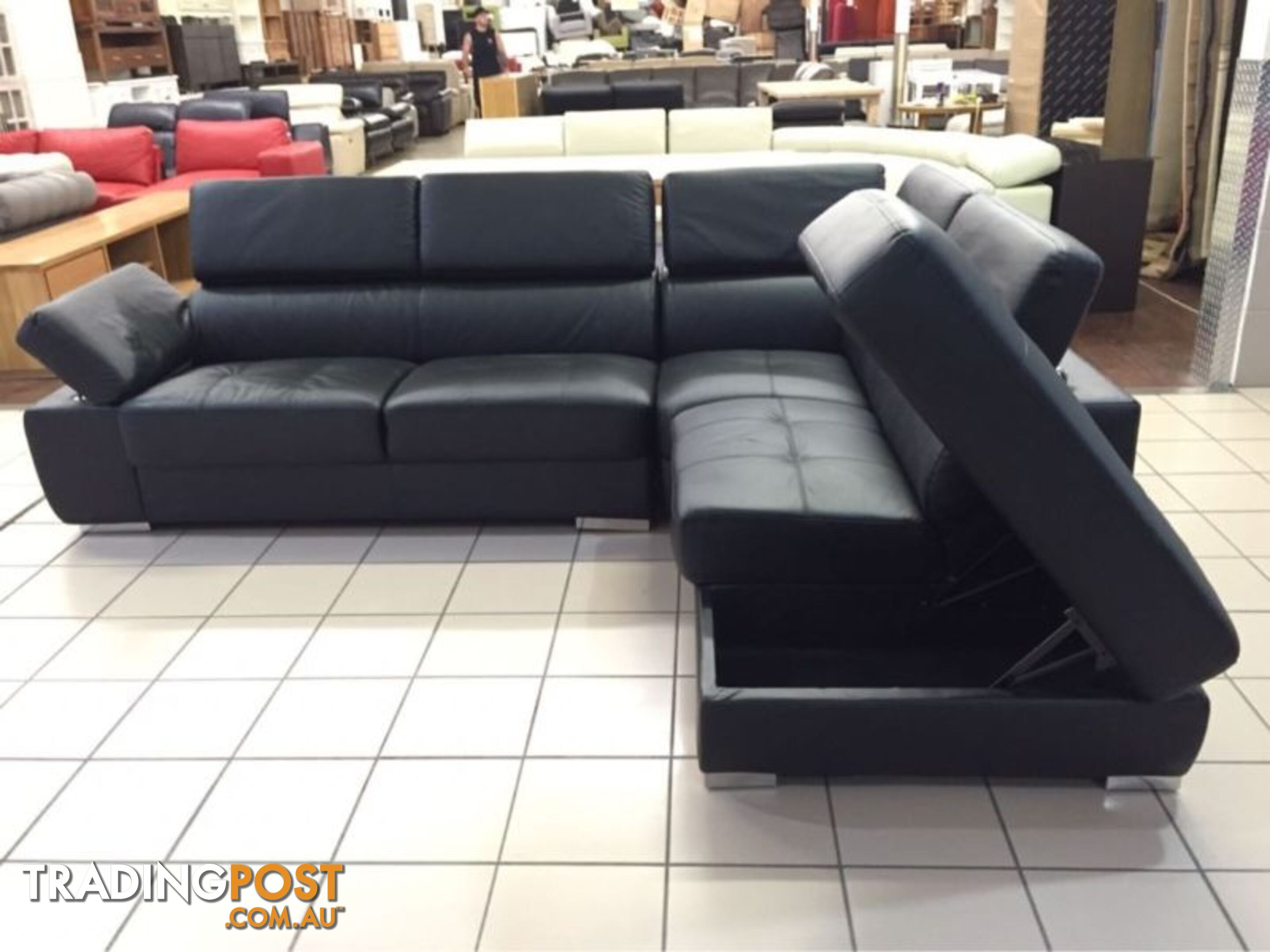 GENUINE LEATHER - CORNER LOUNGE W/ADJUSTABLE HEADRESTS (BLACK)