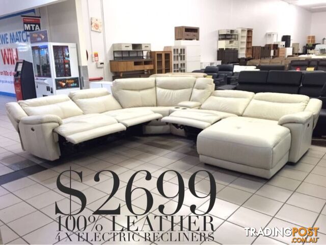 100% LEATHER LOUNGES - FACTORY SECOND, EX DISPLAY...