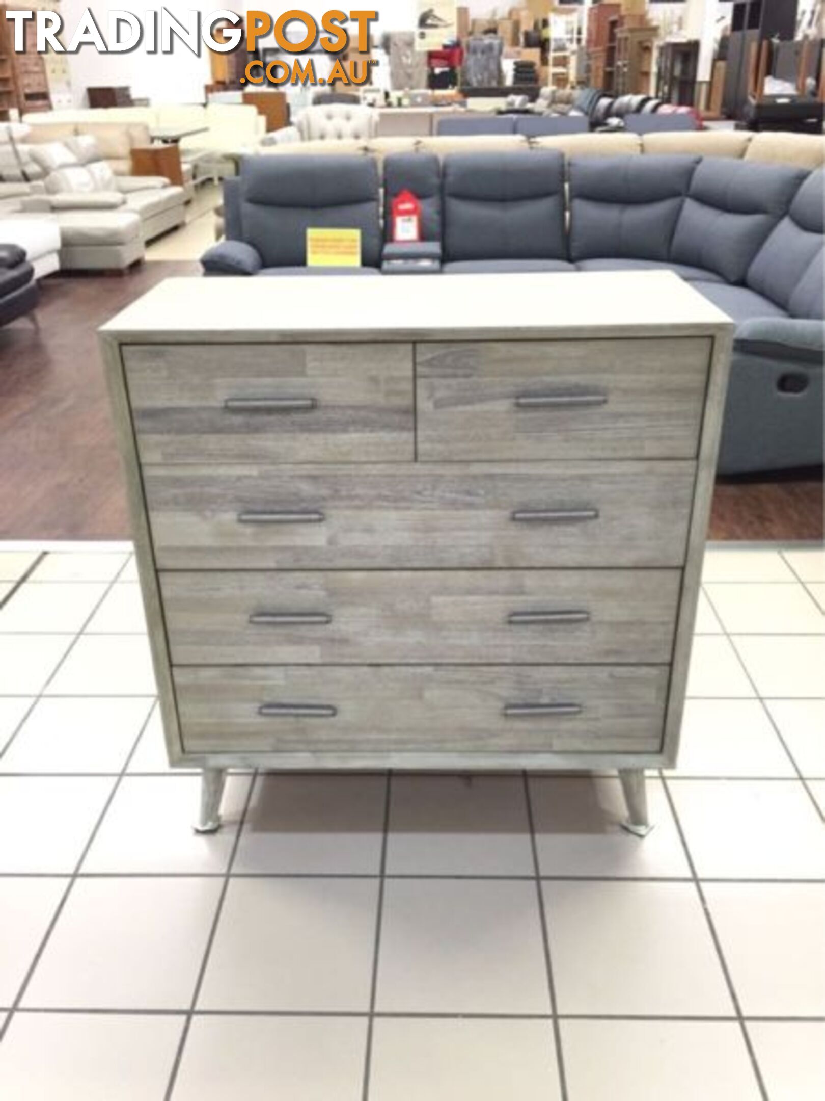 CLEARANCE - SEATTLE TALLBOY 5 DRAWERS - ACACIA LIGHT GREY