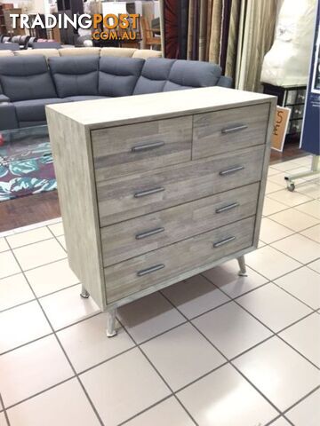 CLEARANCE - SEATTLE TALLBOY 5 DRAWERS - ACACIA LIGHT GREY