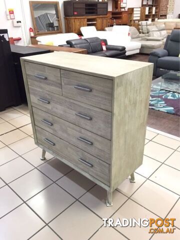 CLEARANCE - SEATTLE TALLBOY 5 DRAWERS - ACACIA LIGHT GREY