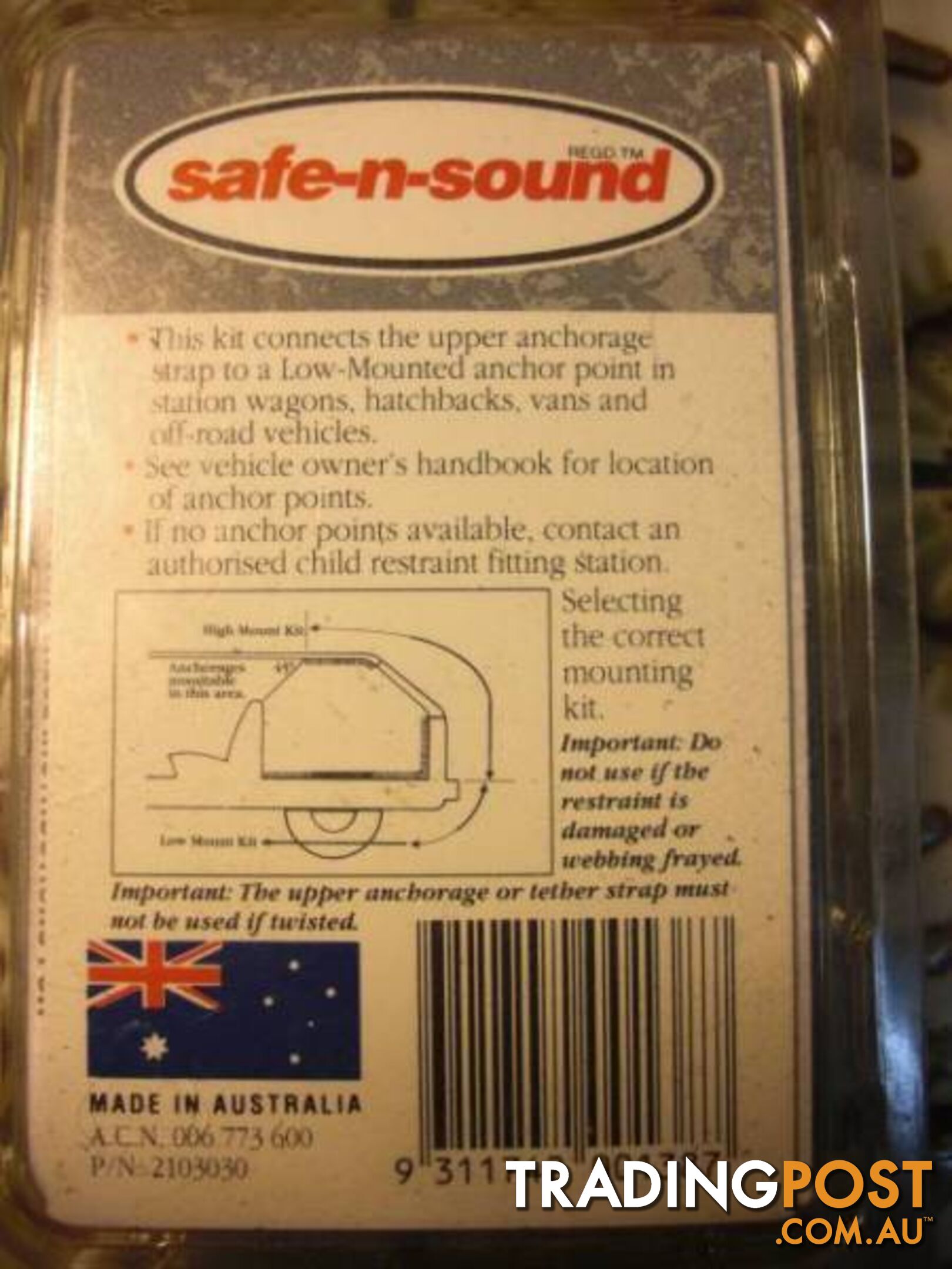 NEW SAFE N SOUND CAR SAFTY SEAT LOW MOUNTING KIT MADE IN AUSTRALI