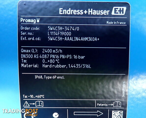 New Endress+Hauser DN300, Proline Promag W 400 Electromagnetic Flowmeter