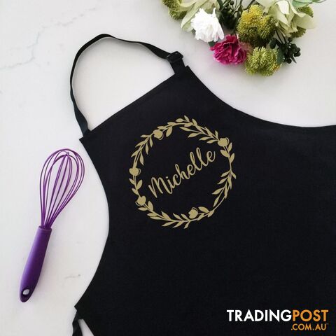 Personalised Black Apron Name with Wreath