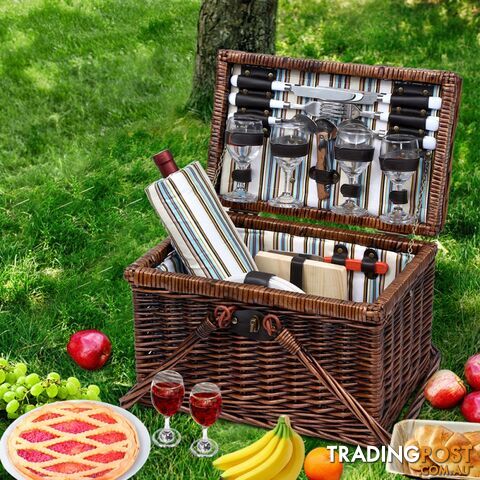 Alfresco Deluxe 4 Person Picnic Basket Set With Folding Outdoor Insulated Liquor Bag