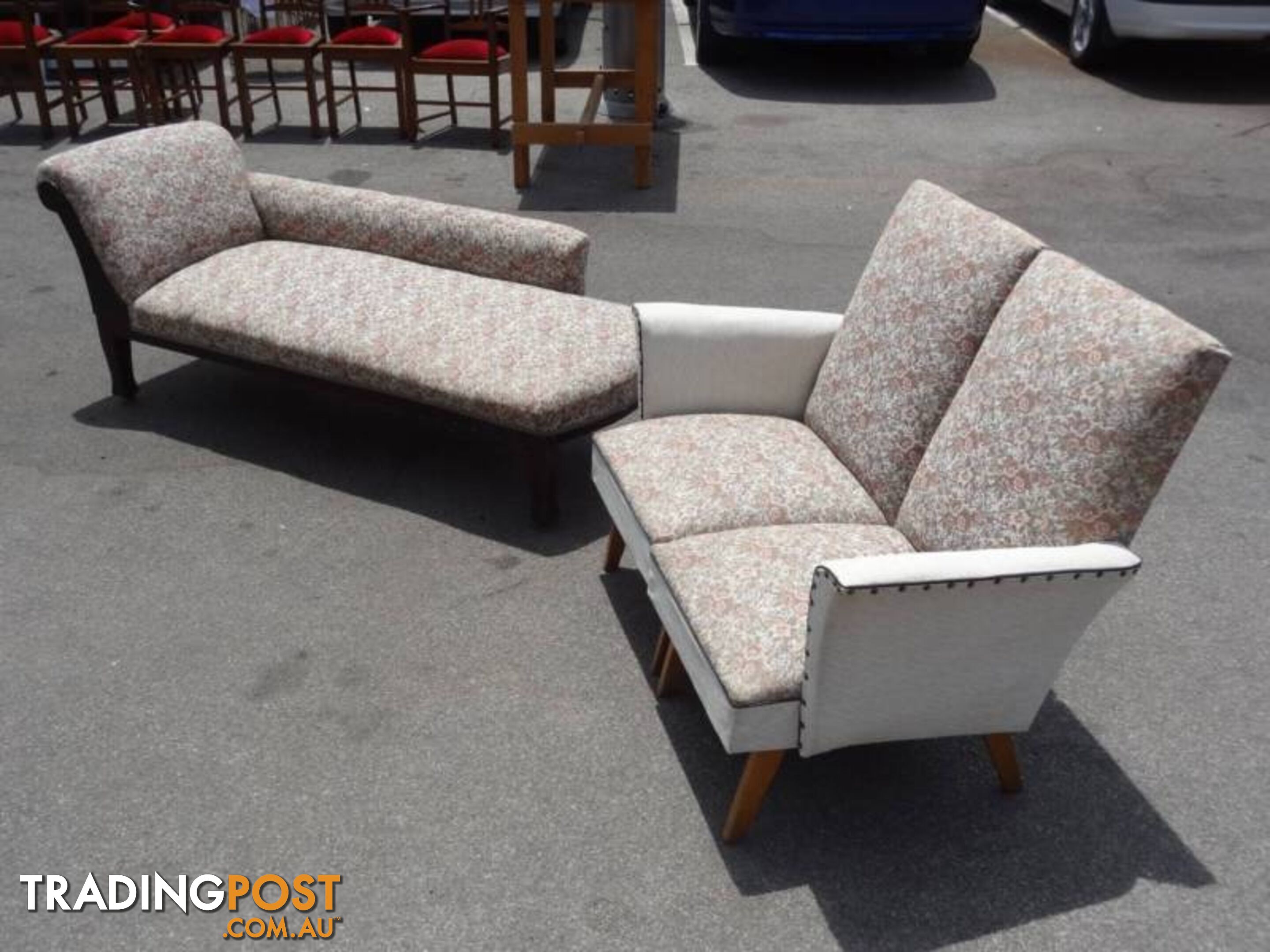 Vintage 1950's Chaise Lounge & Matching Fabric/Vinyl Armchairs