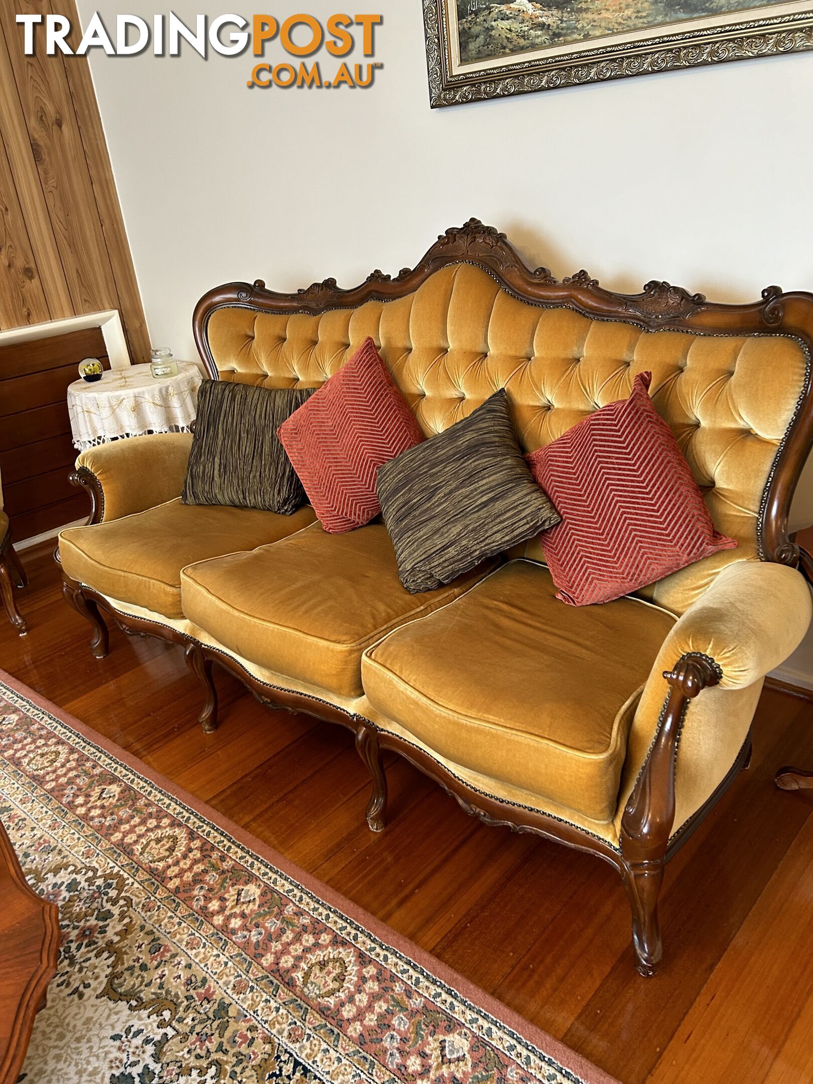 Mahogany and gold velvet furniture