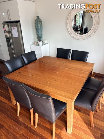 Solid Redgum Dining table + 8 leather chairs