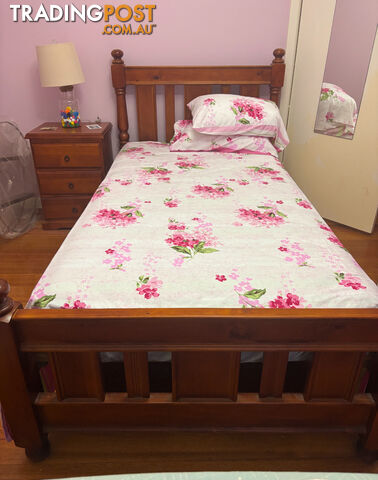 Single bed including bed frame, tall boy and side table