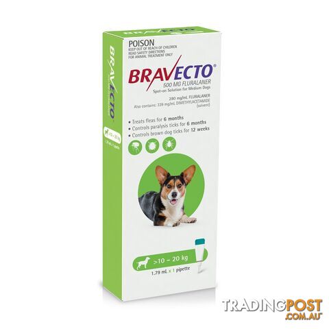Bravecto Spot-On for Dogs - 6 Month Protection - 10 to 20kg (Green) - 2415980