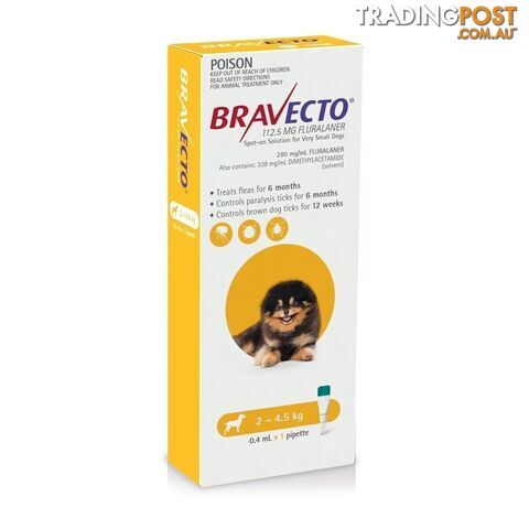 Bravecto Spot-On for Dogs - 6 Month Protection - 2 to 4.5kg (Yellow) - 2415963