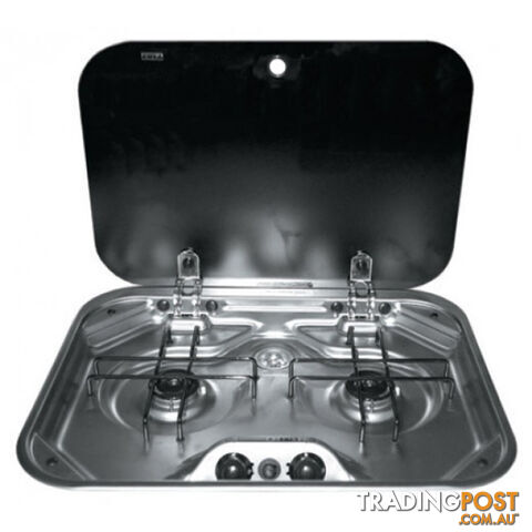 DOMETIC 2 BURNER COOKTOP FLUSH MT S/S C/W GLASS LID & 12V IGN (480 x 370mm)....