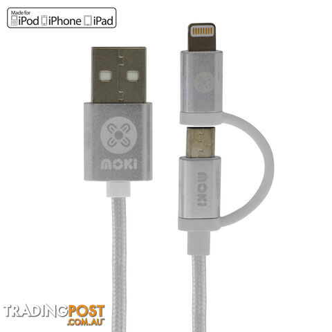 MOKI 2 in 1 Cable Lightning + MicroUSB SynCharge Silver 90cm/3ft