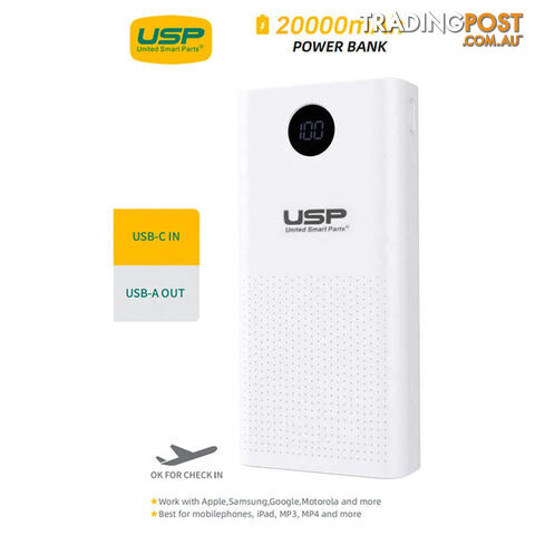 USP 20K mAh Power Bank - White, 2 USB-A Outputs (5W & 10W), 2 USB Input, Digital Display, Comfortable Grip, Charge 2 Devices, Intelligent Matching