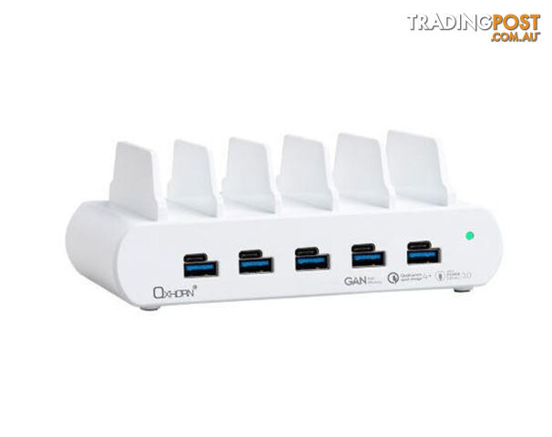 JUST YOU PC PoverDelivery150W 5 Port (A+C) Fast Charging Dock with build-in rack5 Port USB-A USB-C PD3.0 QC4.0 PPS 100-240V AC input White