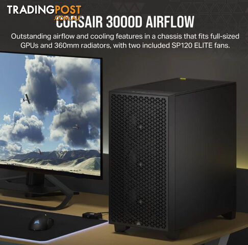 CORSAIR Carbide Series 3000D Solid Steel Front ATX Tempered Glass Black, 2x 120mm Fans pre-installed. USB 3.0 x 2, Audio I/O. Case