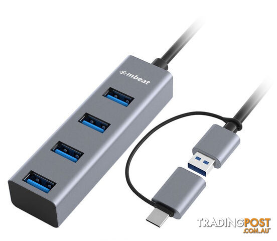 MBEAT 4-Port USB 3.0 Hub with 2-in-1 USB 3.0 & USB-C Converter - Space Grey