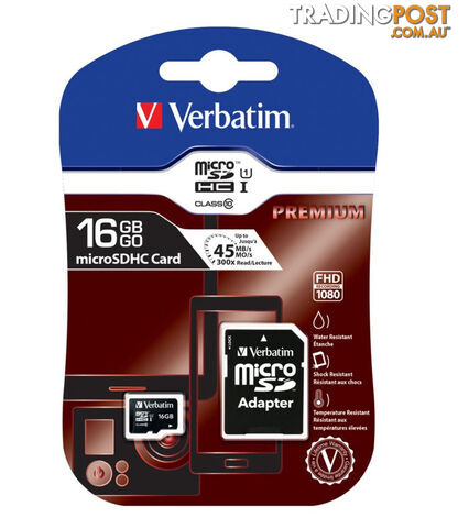 VERBATIM Micro SDHC 16GB Class 10 with Adaptor Up to 45MB/Sec 300X read speed