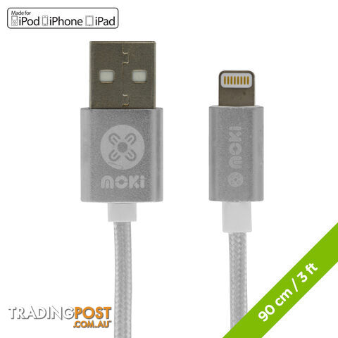 Moki Braided Lightning SynCharge Cable Apple Licensed - Silver