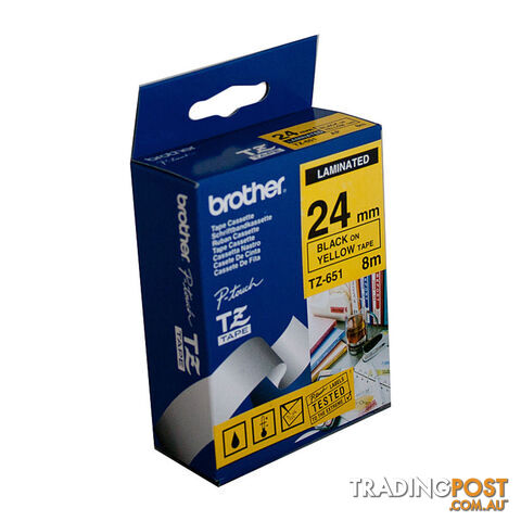 BROTHER TZe651 Labelling Tape 24mm Black on Yellow TZE Tape