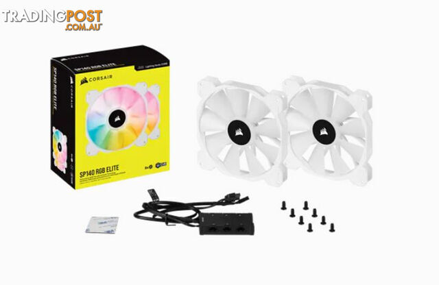 CORSAIR White SP140 RGB ELITE, 140mm RGB LED Fan with AirGuide, 68 CFM, Dual Pack with Lighting Node CORE