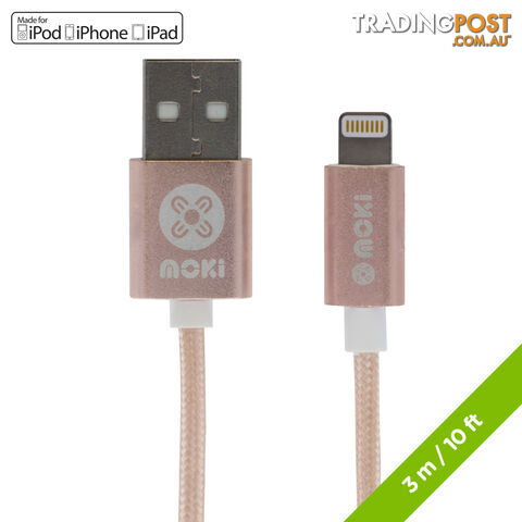 MOKI King Size Braided Lightning Syccharge Cable-3mt/10ft Rose Gold