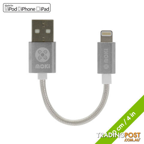 Moki Braided Pocket Lightning SynCharge Cable Apple Licensed - 10cm/4" Silver