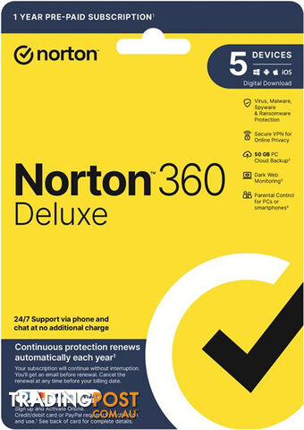 NORTON 360 Deluxe 50GB AU 1 User, 5 Devices, 12 Months, Digital Key