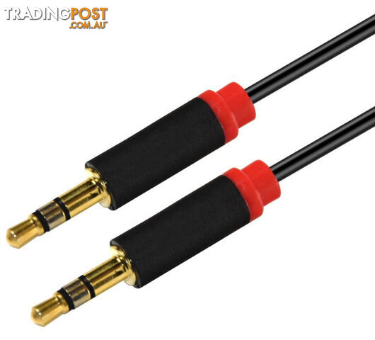 ASTROTEK 2m Stereo 3.5mm Flat Cable Male to Male Black with Red Mold - Audio Input Extension Auxiliary Car Cord