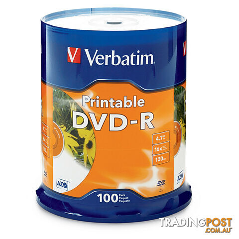 VERBATIM DVD-R 4.7GB 100Pack of White InkJet 16x, Compatible for Full-Surface, Edge-to-Edge Printing, Superior ink absorption on high-resolution 5,760 DPI