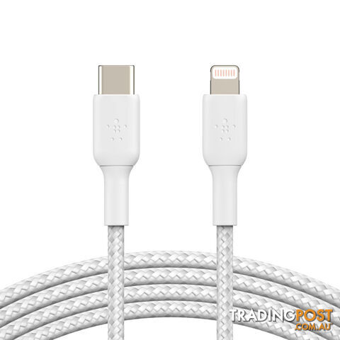 BELKIN BOOST CHARGE Braided Lightning to USB-C Cable (1m/3.3ft) - White(CAA004bt1MWH),MFi certified,Tested to withstand 10,000+ bends for longevity