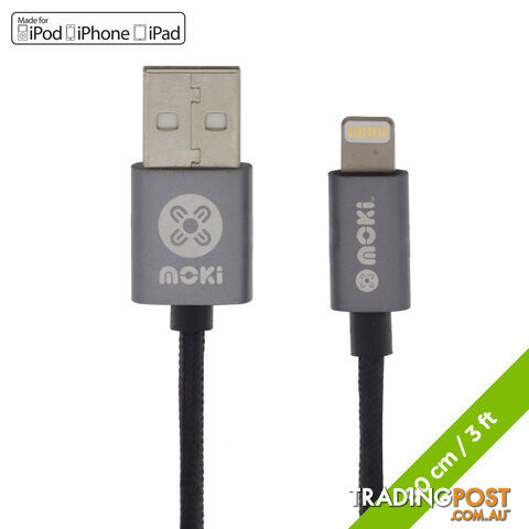 Moki Braided Lightning SynCharge Cable Apple Licenced - Black Cable Gun Metal