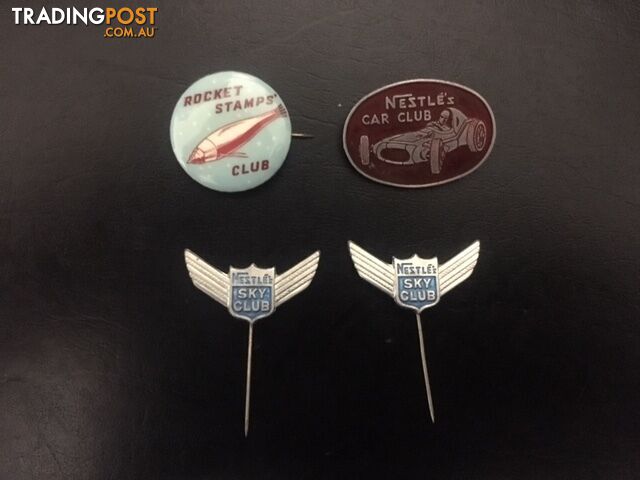 1960'S NESTLE'S SKY CLUB PINS X 2 + NESTLE'S CAR CLUB BADGE + ROCKET STAMPS CLUB...