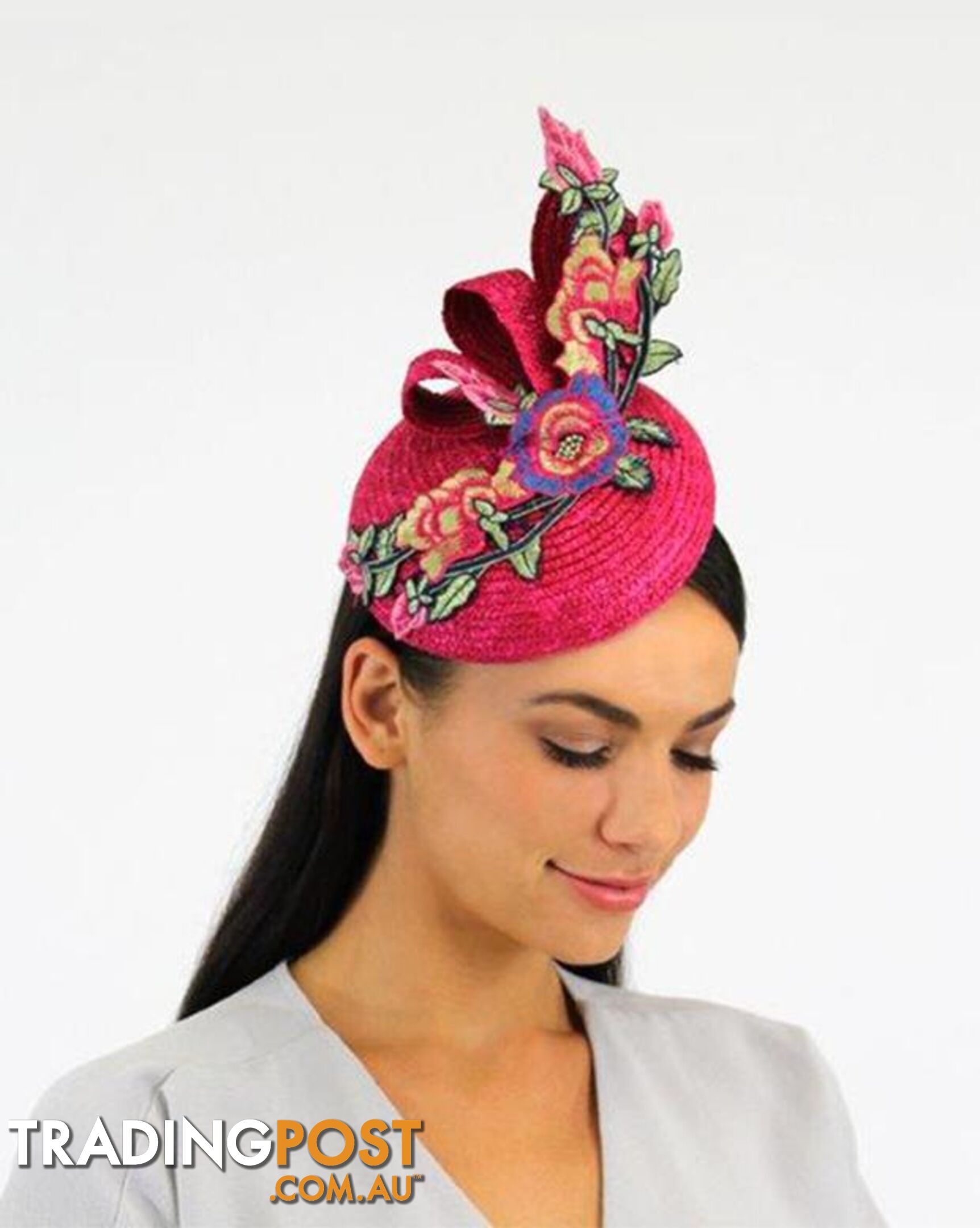 JENDI Fascinator Fuchsia w/ Pink Embroidered Floral