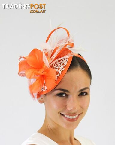 JENDI Tangerine Lace & Feather Fascinator