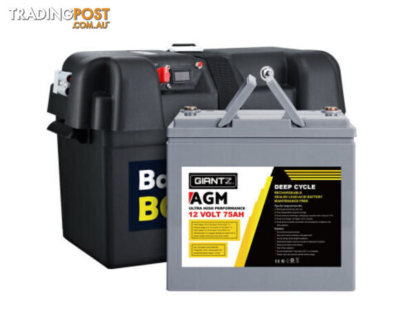 Giantz 12V 75Ah AGM Deep Cycle Battery with Battery Box, Max 1400 Cycles