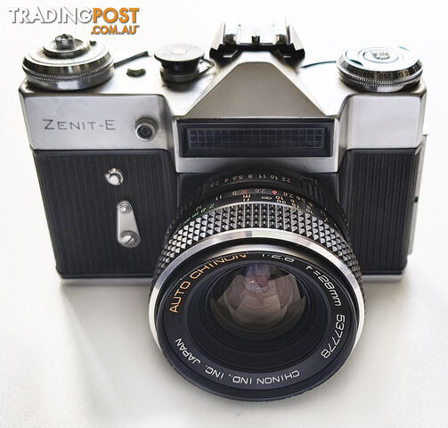 Vintage Zenit-E 35mm SLR Camera + Auto Chinon 28mm/2.8 Lens