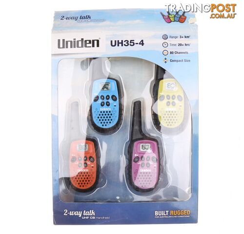UNIDEN UH35-4 2-Way Talk, Set of 4, Compact Size. NB: Damaged packaging, mi