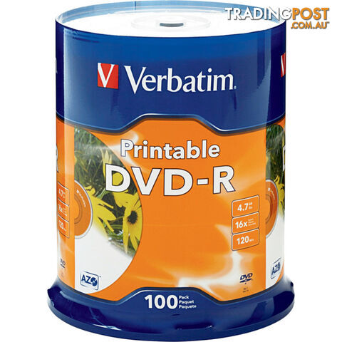 VDVD-R100P 100PK DVD-R PRINTABLE SPINDLE 16X 4.7GB VERBATIM